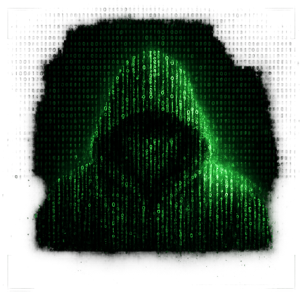 Glowing hooded binary figure